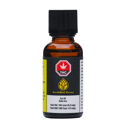 Straight-on view of the amber glass bottle labeled "Zen Oil" from EarthWolf Farms with a black cap and THC emblem on a white background
