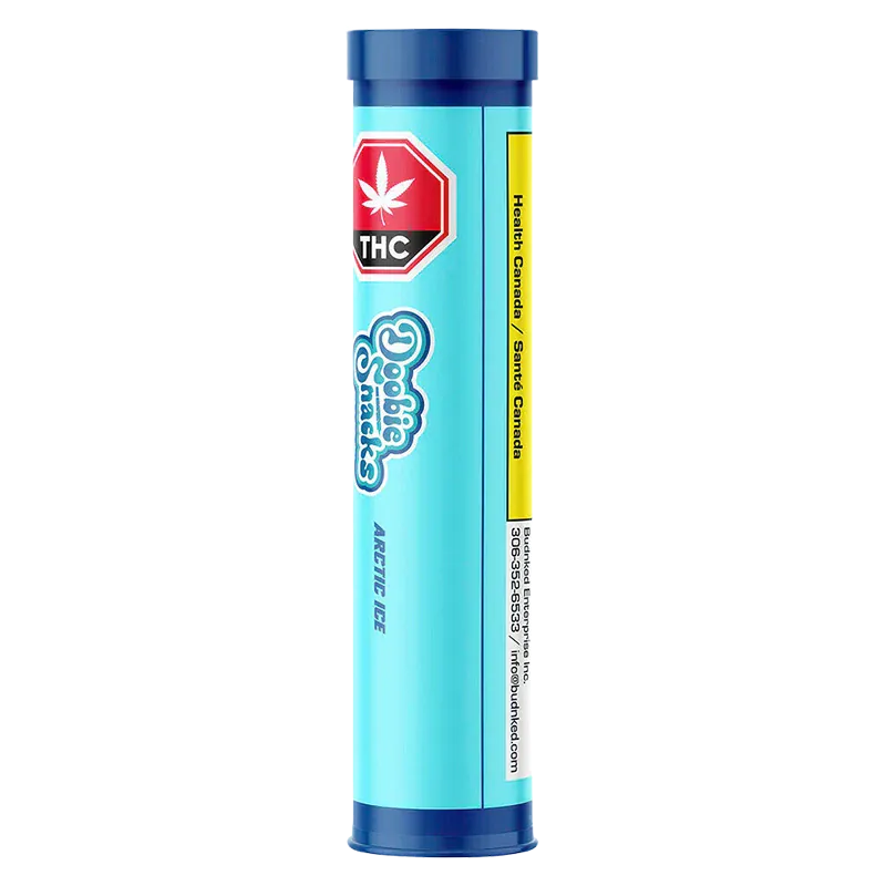 Straight-on view of a tall blue tube labeled Arctic Ice PR 4 x 0.5 g with playful "Doobie Snacks" graphics and a red THC warning near the top