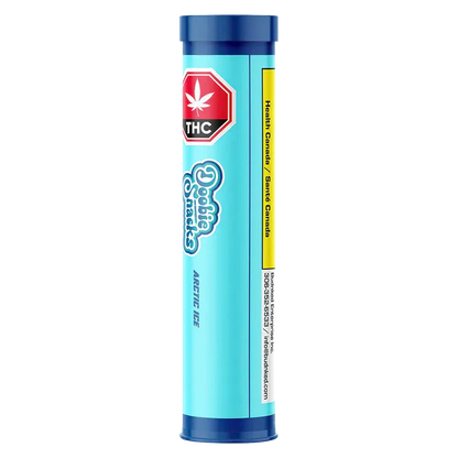 Straight-on view of a tall blue tube labeled Arctic Ice PR 4 x 0.5 g with playful "Doobie Snacks" graphics and a red THC warning near the top