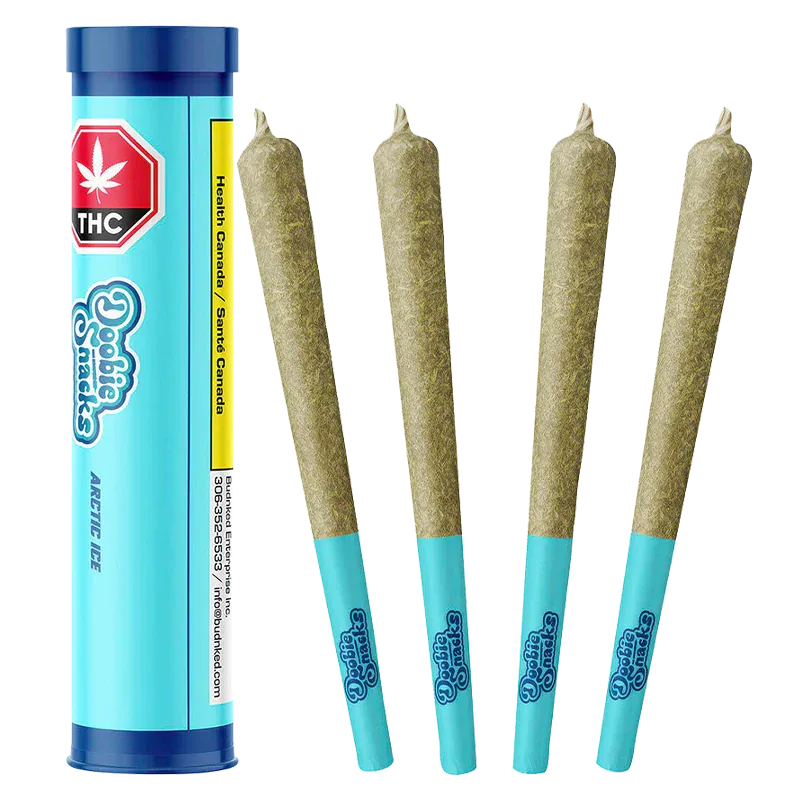Front view of four rolled joints beside a standing blue tube labeled "Arctic Ice PR 4 x 0.5 g."