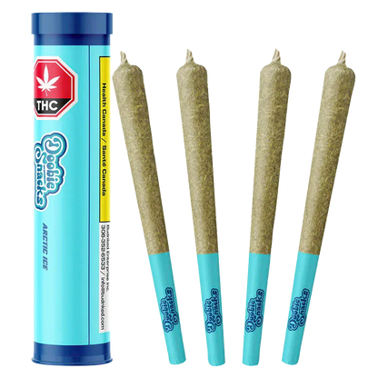 Front view of four rolled joints beside a standing blue tube labeled "Arctic Ice PR 4 x 0.5 g."