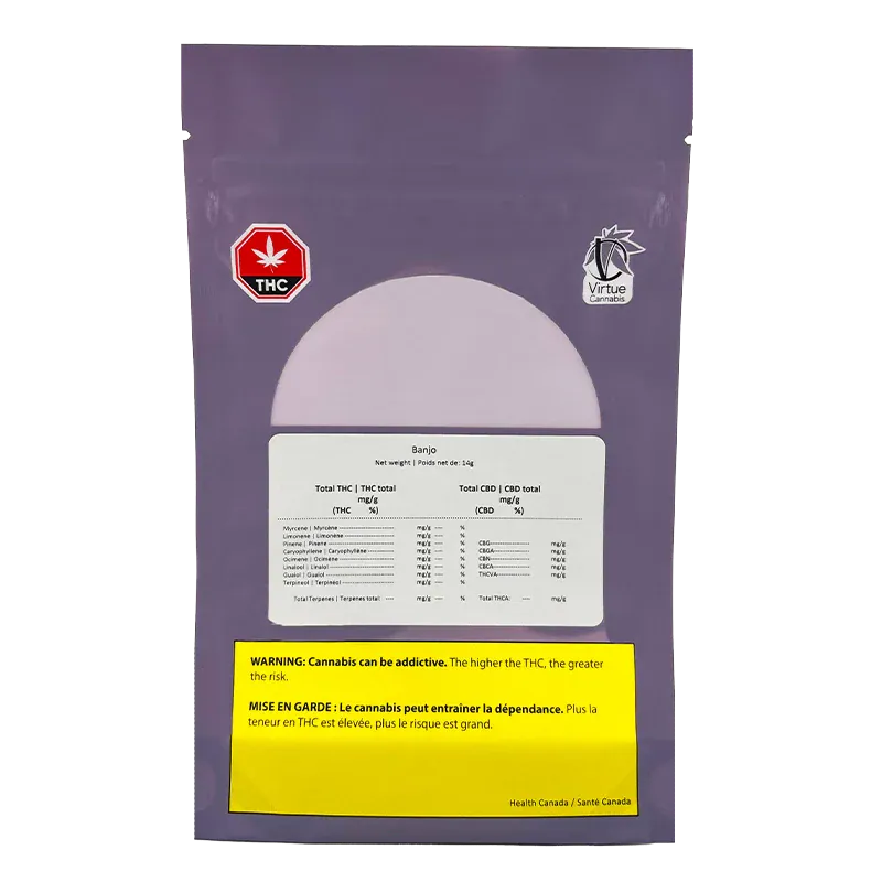 Rear view of the purple Banjo pouch showing a central pale semicircle, nutrition-style label and yellow Health Canada warning.
