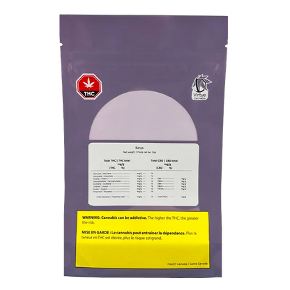 Rear view of the purple Banjo pouch showing a central pale semicircle, nutrition-style label and yellow Health Canada warning.