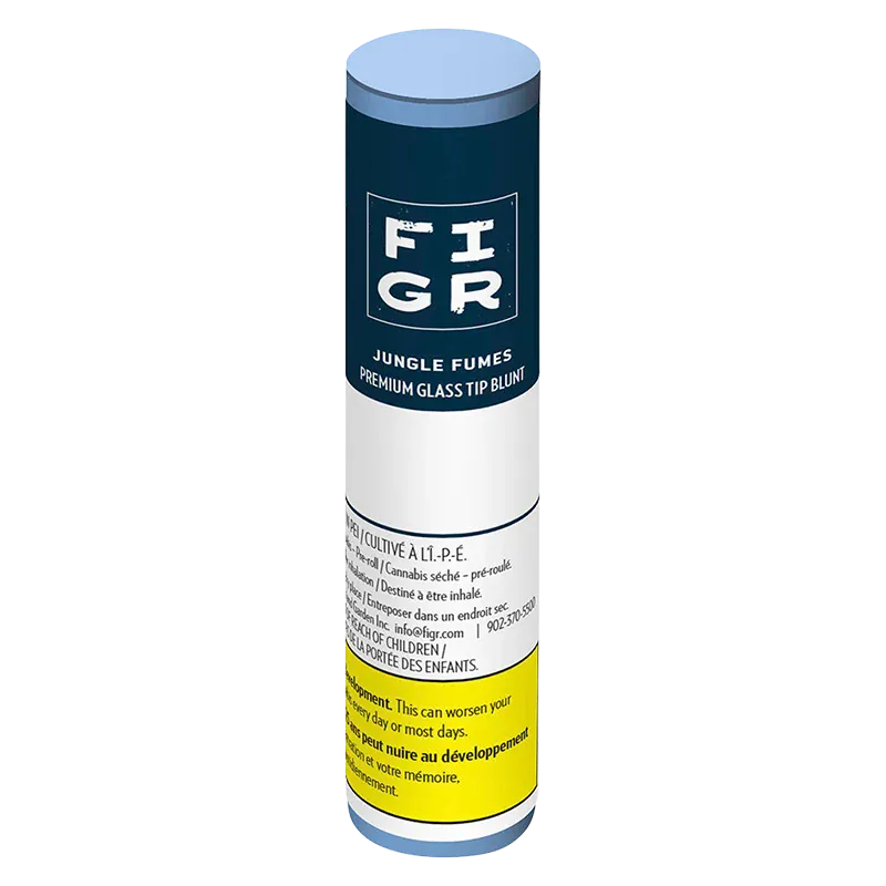 Tall cylindrical front view of the Jungle Fumes Premium Glass Tip PR 1 x 1 g tube with navy label, white middle, and yellow warning panel.