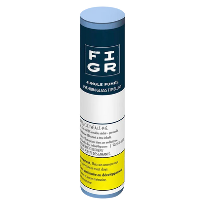 Tall cylindrical front view of the Jungle Fumes Premium Glass Tip PR 1 x 1 g tube with navy label, white middle, and yellow warning panel.