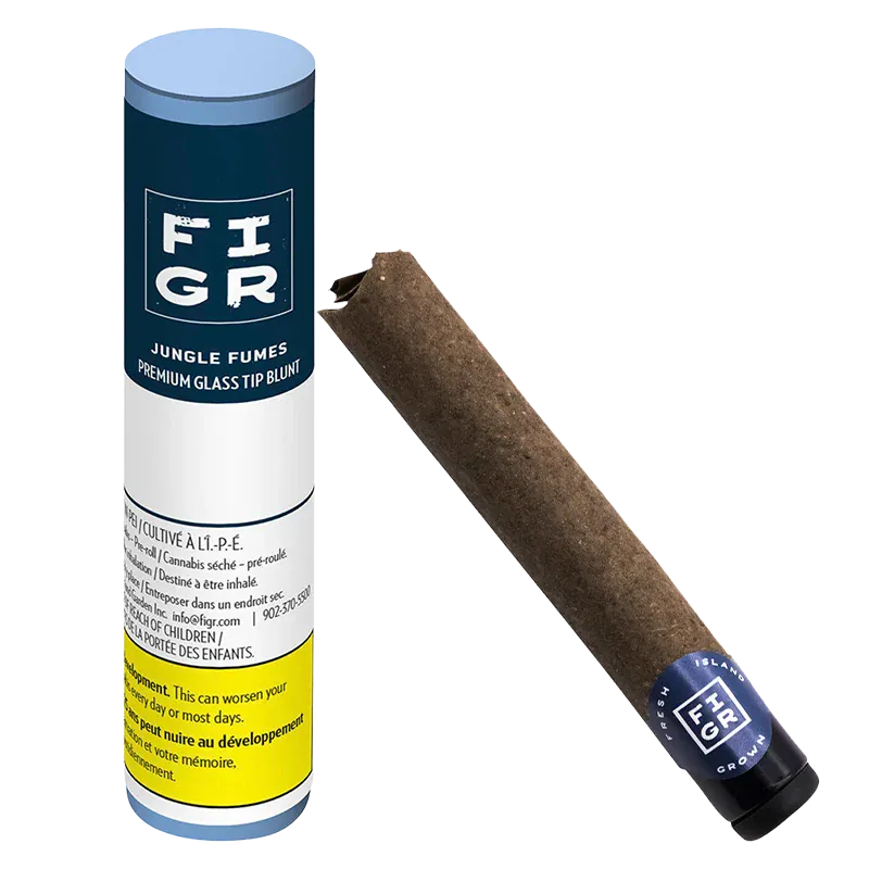 Angled view of a pre-rolled brown blunt resting beside its tall blue-and-white tube packaging labeled Jungle Fumes Premium Glass Tip PR 1 x 1 g