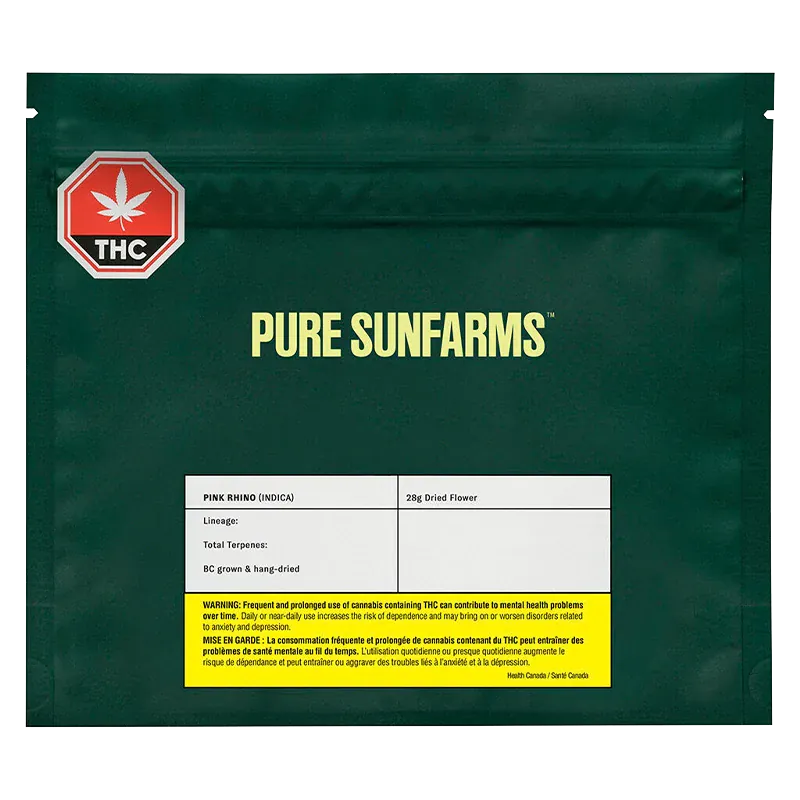 Front-facing shot of the dark green Pure Sunfarms Pink Rhino pouch with bold yellow logo, THC symbol at the top left, and a white label panel.