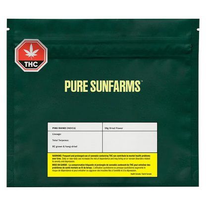 Front-facing shot of the dark green Pure Sunfarms Pink Rhino pouch with bold yellow logo, THC symbol at the top left, and a white label panel.
