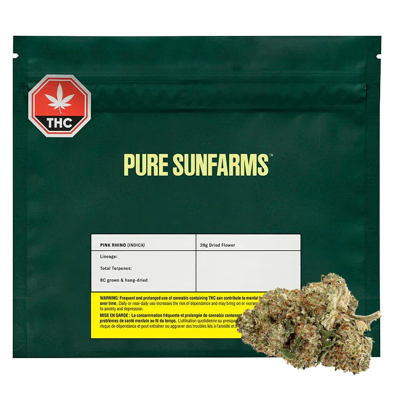 Front-facing shot of a dark green pouch labeled "PURE SUNFARMS" with a white sticker and loose Pink Rhino buds at the lower right.