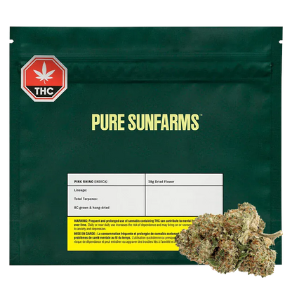 Front-facing shot of a dark green pouch labeled "PURE SUNFARMS" with a white sticker and loose Pink Rhino buds at the lower right.