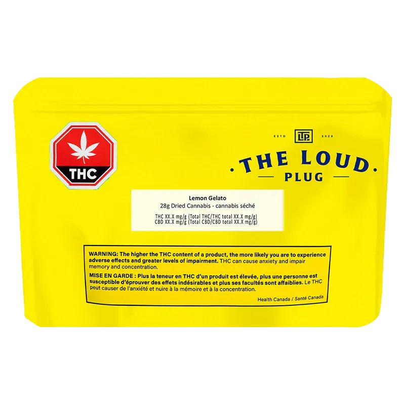 Back-facing view of bright yellow packaging labeled "Lemon Gelato" from The Loud Plug with THC symbol and warning text.