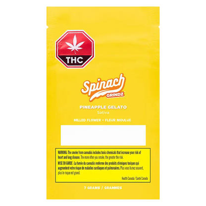 Front-facing shot of a bright yellow pouch labeled Grindz - Pineapple Gelato with the Spinach logo, THC octagon, and warning box.