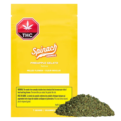 Front-facing shot of a bright yellow bag labeled "Grindz - Pineapple Gelato" with a red THC stop sign and a small pile of green milled flower at the bottom right.