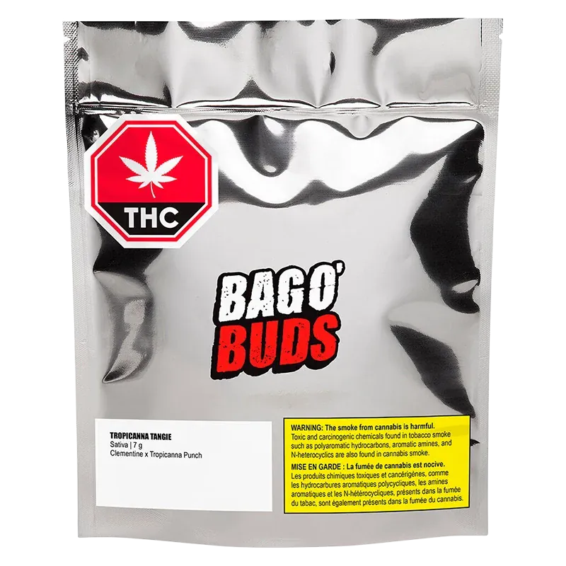Front-facing shot of the silver pouch labeled Bag O' Buds featuring the Tropicanna Tangie strain name and a red THC octagon badge.