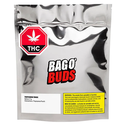 Front-facing shot of the silver pouch labeled Bag O' Buds featuring the Tropicanna Tangie strain name and a red THC octagon badge.