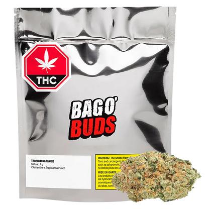 Front view of a metallic pouch labeled Bag O' Buds with a 7 g Tropicanna Tangie bud shown in front, on a white background