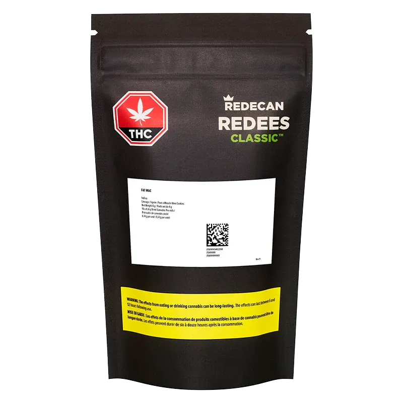 Front-facing shot of a black resealable pouch labeled "FAT MAC Redees PR 10 x 0.4 g" with a red THC symbol, white product label and yellow warning strip.