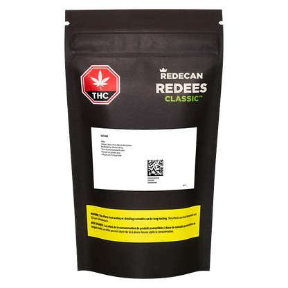 Front-facing shot of a black resealable pouch labeled "FAT MAC Redees PR 10 x 0.4 g" with a red THC symbol, white product label and yellow warning strip.