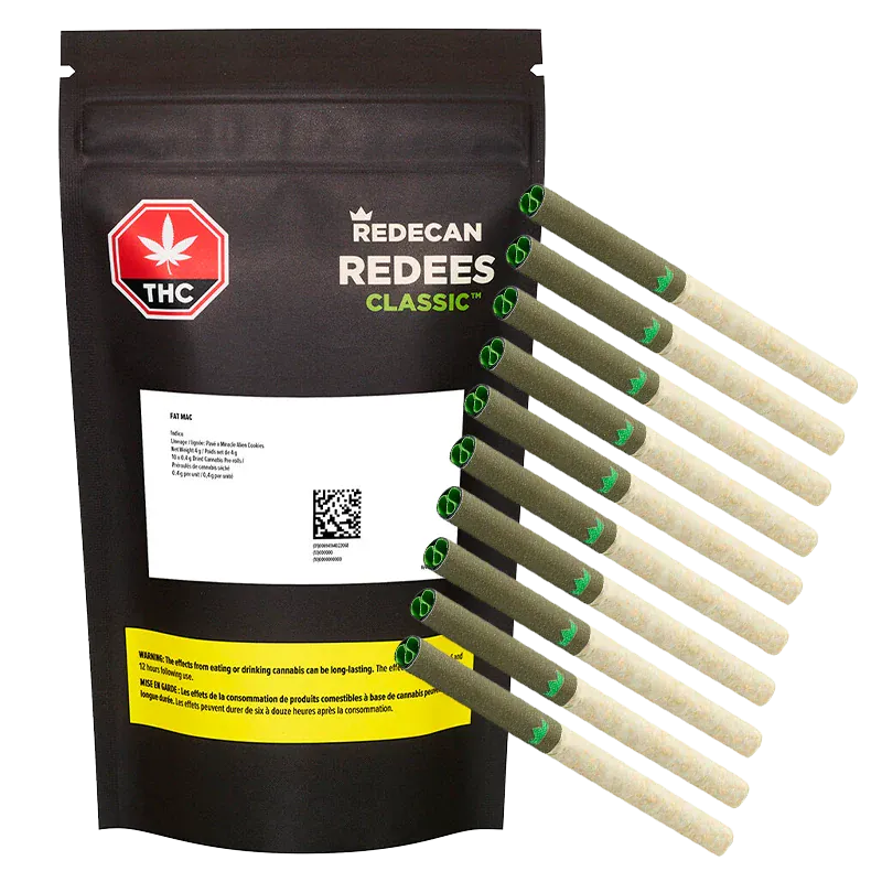 Front-facing shot of a black pouch and ten pre-rolled joints fanned out, featuring the FAT MAC Redees PR 10 x 0.4 g branding on the pouch.