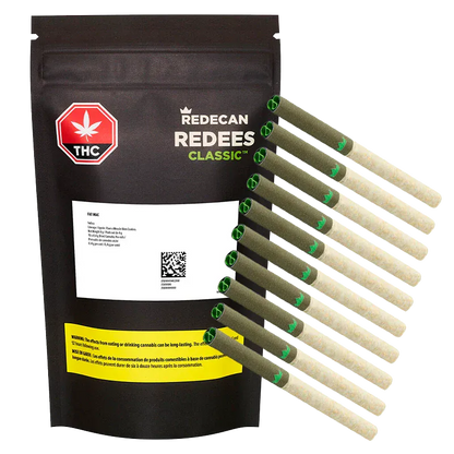 Front-facing shot of a black pouch and ten pre-rolled joints fanned out, featuring the FAT MAC Redees PR 10 x 0.4 g branding on the pouch.