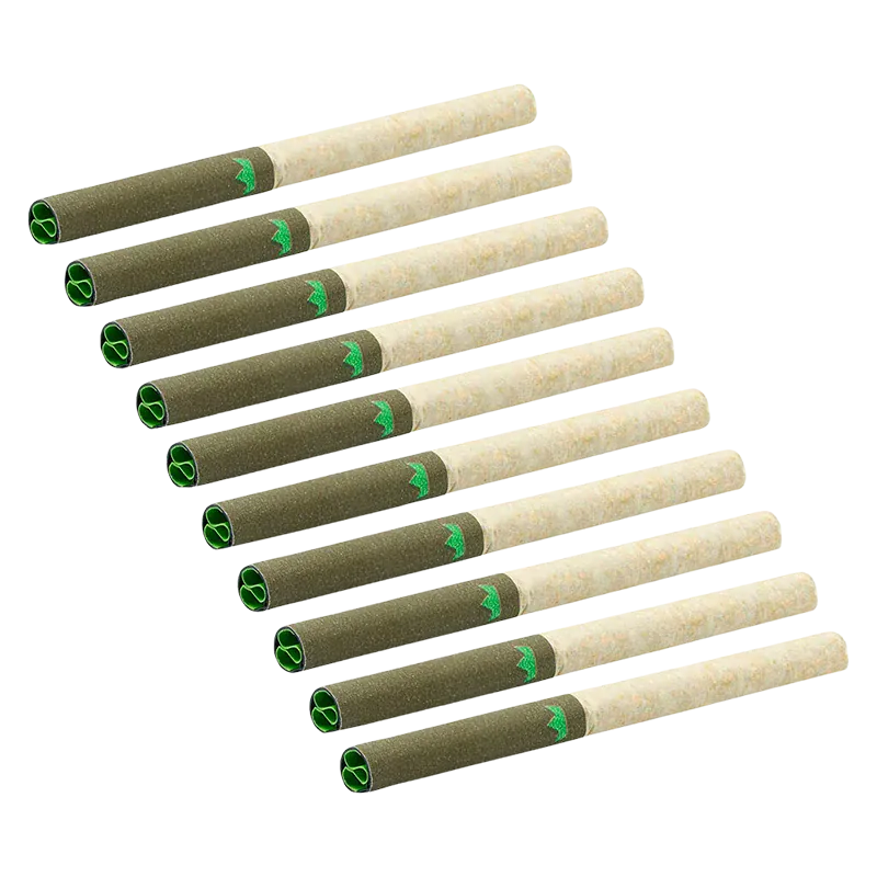 Angled top-down view of ten FAT MAC Redees PR 10 x 0.4 g pre-rolls with green-filter tips arranged in a staggered diagonal row.