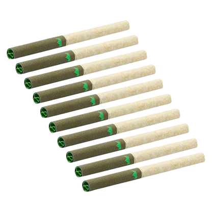 Angled top-down view of ten FAT MAC Redees PR 10 x 0.4 g pre-rolls with green-filter tips arranged in a staggered diagonal row.
