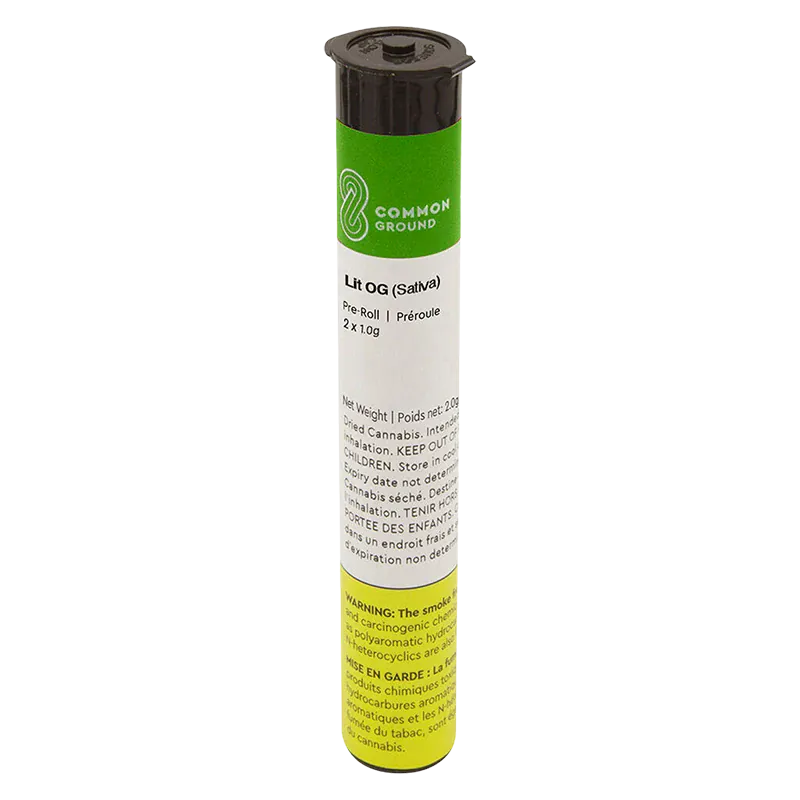 Tall front-facing view of the Common Ground Lit OG PR 2 x 1 g pre-roll tube with green, white, and yellow label and black cap.