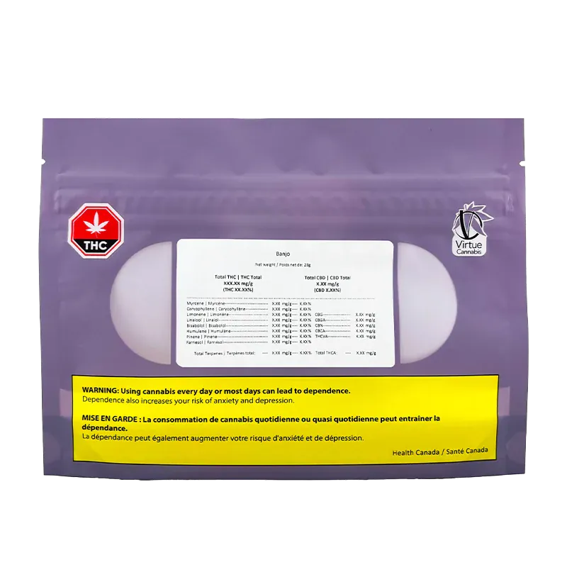 Front-facing image of the purple pouch labeled "Banjo" from Virtue Cannabis with a centered white information panel and a yellow Health Canada warning strip.
