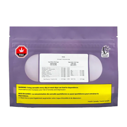 Front-facing image of the purple pouch labeled "Banjo" from Virtue Cannabis with a centered white information panel and a yellow Health Canada warning strip.