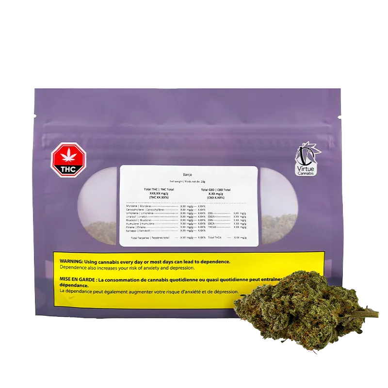 Front-facing image of the purple Virtue Cannabis Banjo pouch with a white label, THC symbol, and a small cannabis bud resting beside it.