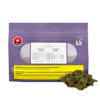 Front-facing image of the purple Virtue Cannabis Banjo pouch with a white label, THC symbol, and a small cannabis bud resting beside it.