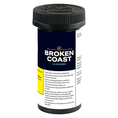 Front-facing photo of a navy-labeled container reading "Broken Coast La Bomba" with a black childproof lid and visible product text.