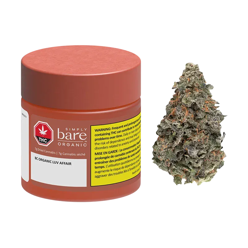 Front view of a 7 g jar and a single cannabis bud labeled BC Organic Luv Affair, shown on a white background.