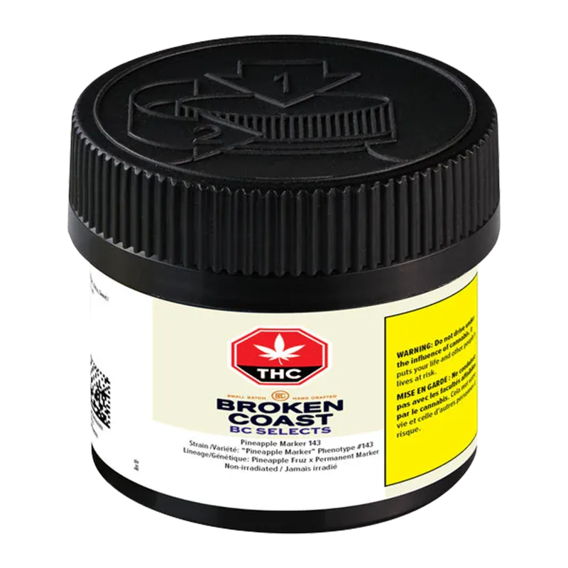 Front-angle view of the BC Selects: Pineapple Marker 143 jar with its black childproof lid and cream label bearing a red THC emblem.