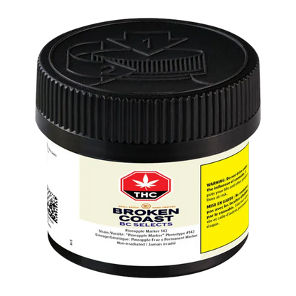 Front-angle view of the BC Selects: Pineapple Marker 143 jar with its black childproof lid and cream label bearing a red THC emblem.