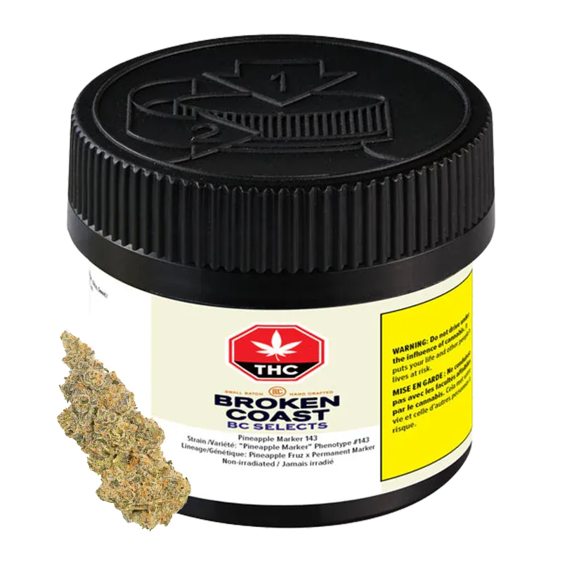 Close-up front view of a black-lidded jar labeled "BC Selects: Pineapple Marker 143" with a cannabis bud positioned beside it.