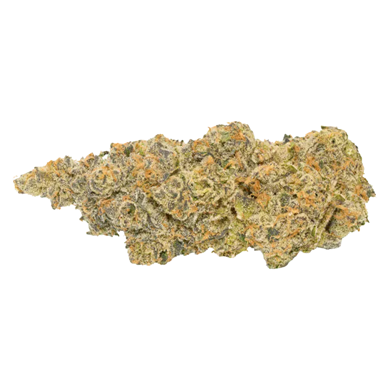 Close-up on a frosty, olive-green nugget of BC Selects: Pineapple Marker 143 against a white background, showing orange pistils and dense trichomes