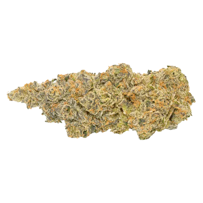 Close-up on a frosty, olive-green nugget of BC Selects: Pineapple Marker 143 against a white background, showing orange pistils and dense trichomes