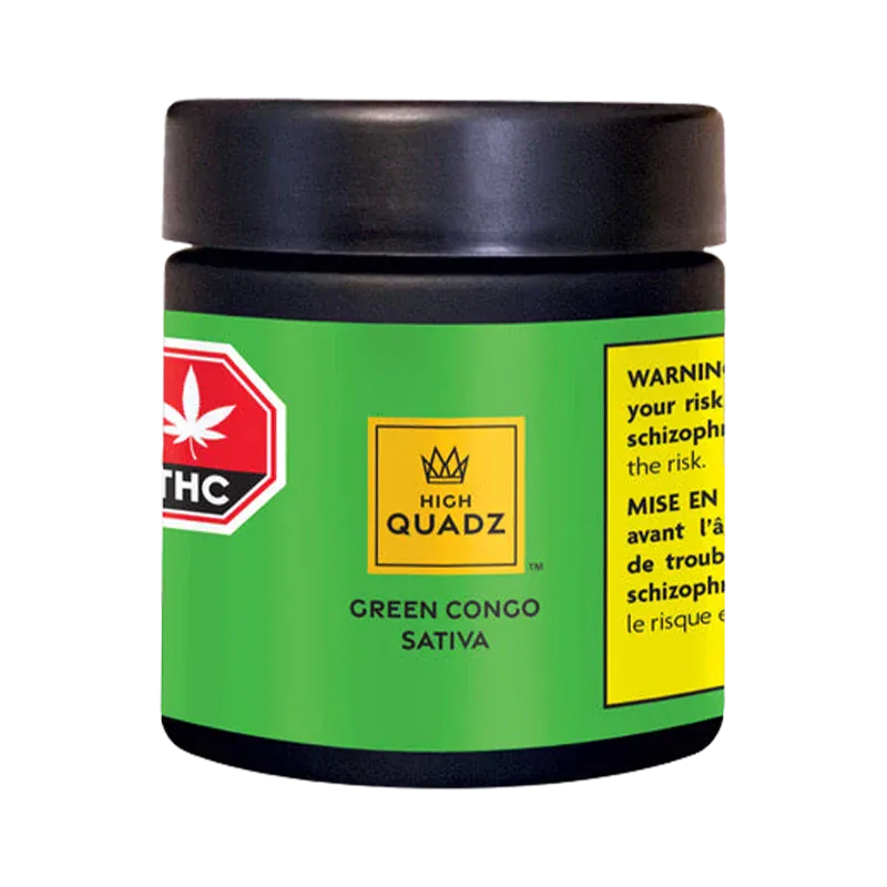 Front view of the green jar labeled High Quadz Green Congo Sativa with a black lid and warning panel on the right.