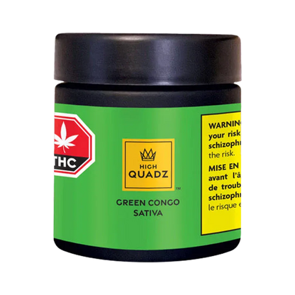 Front view of the green jar labeled High Quadz Green Congo Sativa with a black lid and warning panel on the right.