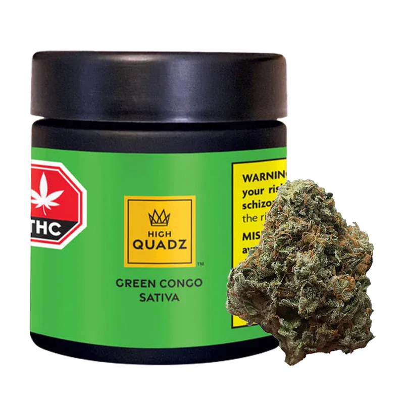 Front-facing jar labeled "High Quadz Green Congo" with bright green wrapper and a cannabis bud resting against its lower right.