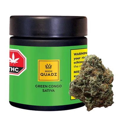 Front-facing jar labeled "High Quadz Green Congo" with bright green wrapper and a cannabis bud resting against its lower right.
