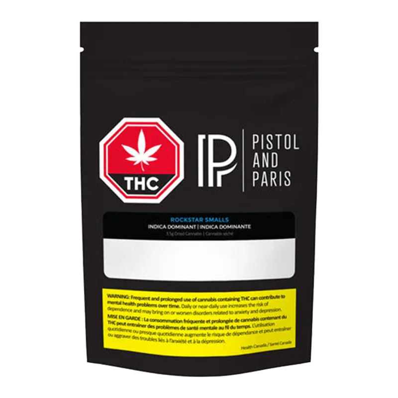 Front-facing shot of a black pouch labeled Rockstar Smalls with a red THC stop-sign logo and "Pistol and Paris" branding.