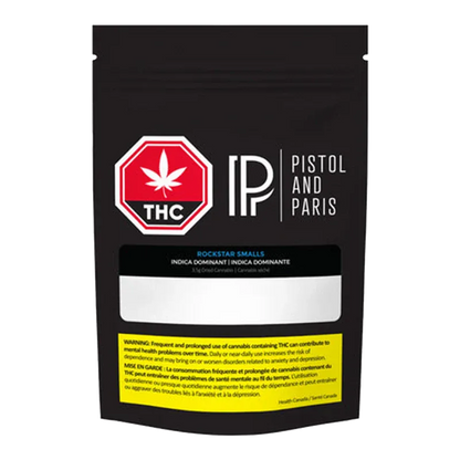 Front-facing shot of a black pouch labeled Rockstar Smalls with a red THC stop-sign logo and "Pistol and Paris" branding.