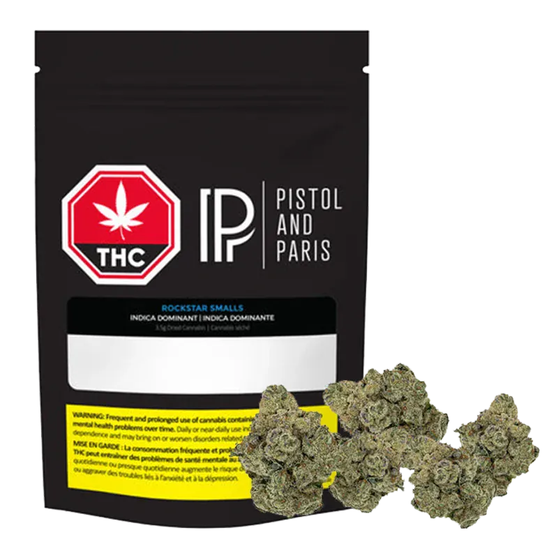 Front-facing pouch labeled "Pistol and Paris Rockstar Smalls" with a red THC octagon logo and cannabis buds arranged at the base.