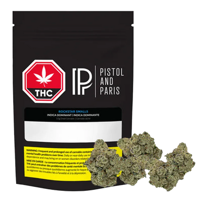 Front-facing pouch labeled "Pistol and Paris Rockstar Smalls" with a red THC octagon logo and cannabis buds arranged at the base.