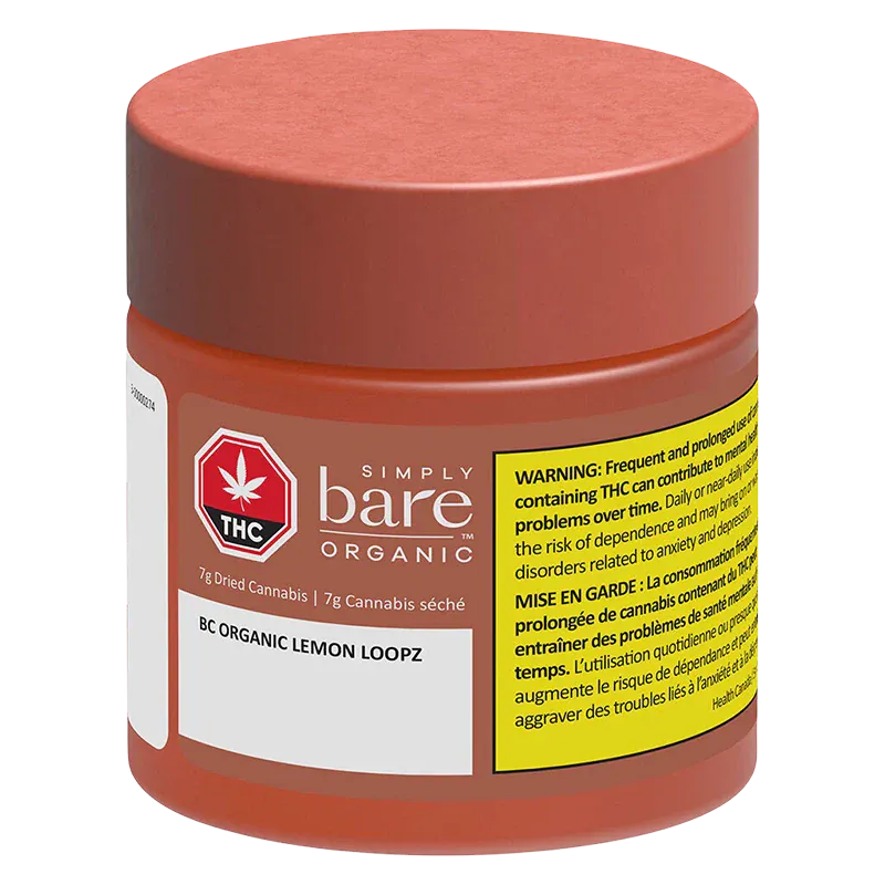 Front three-quarter view of the BC Organic Lemon Loopz jar with a rust-colored cap and visible warning label on a white background.