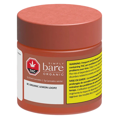 Front three-quarter view of the BC Organic Lemon Loopz jar with a rust-colored cap and visible warning label on a white background.