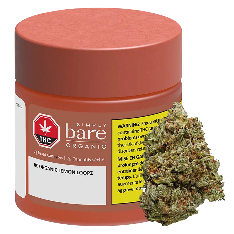 Angled front view of a rust-colored jar labeled BC Organic Lemon Loopz with a cannabis bud propped against its base.