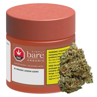 Angled front view of a rust-colored jar labeled BC Organic Lemon Loopz with a cannabis bud propped against its base.